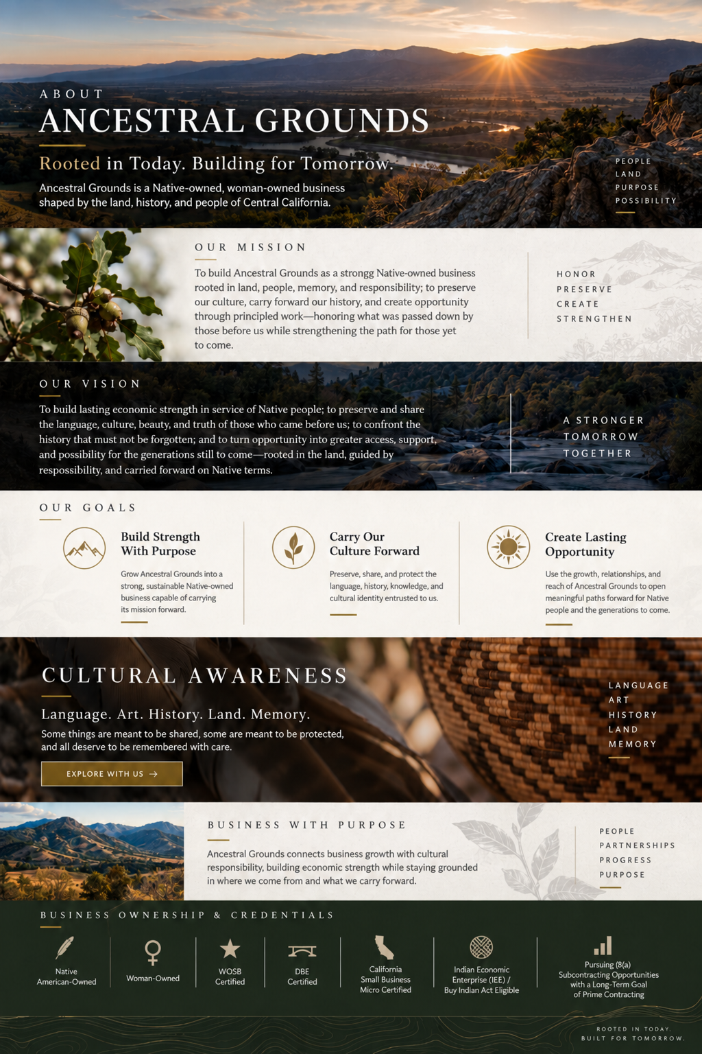About Ancestral Grounds: Our Mission, Our Vision, Our Goals, Cultural Awareness, Business With Purpose, and Business Ownership & Credentials.